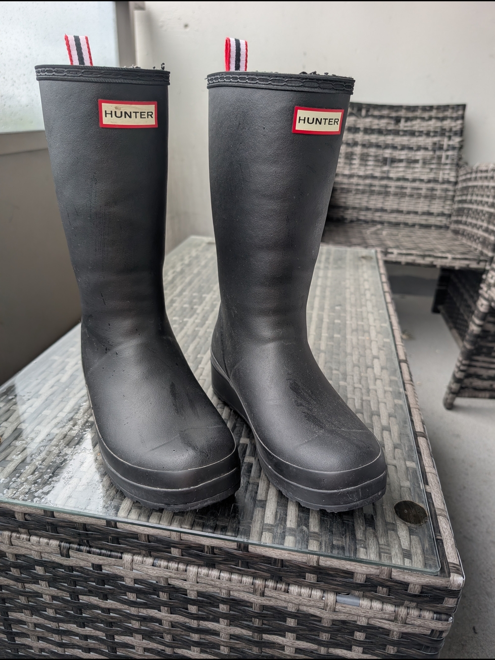 Hunter Black Rain Boots with Red Trim
